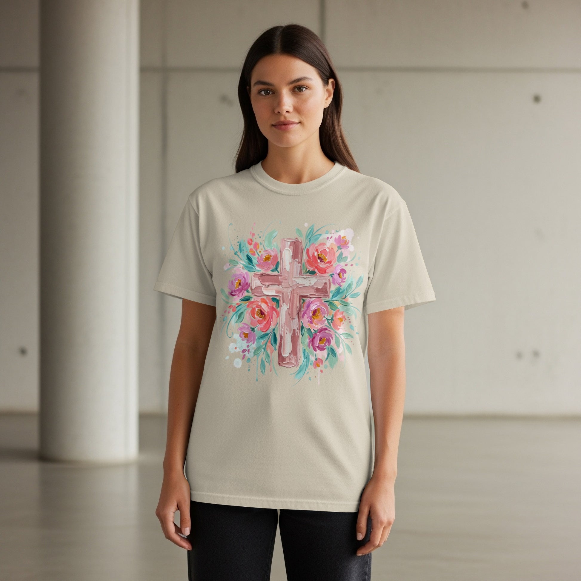 Beige t-shirt with a floral watercolor cross design.