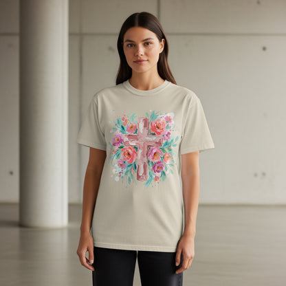 Beige t-shirt with a floral watercolor cross design.