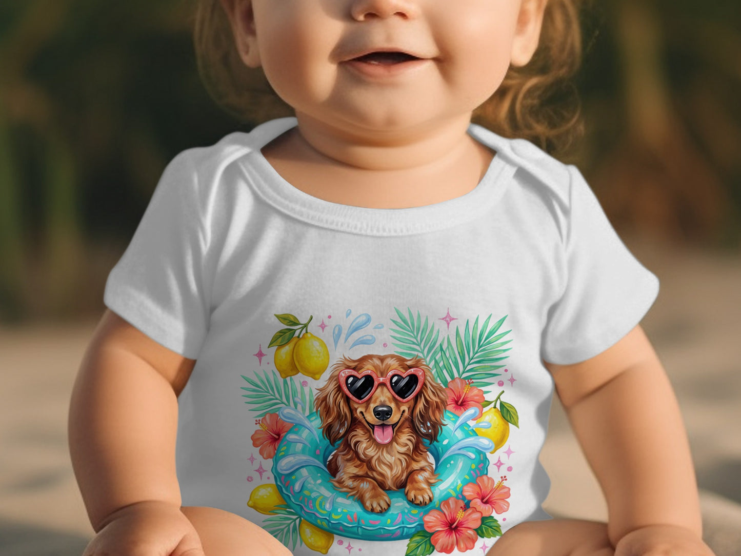 Baby in white onesie with a dachshund wearing heart sunglasses on a float.