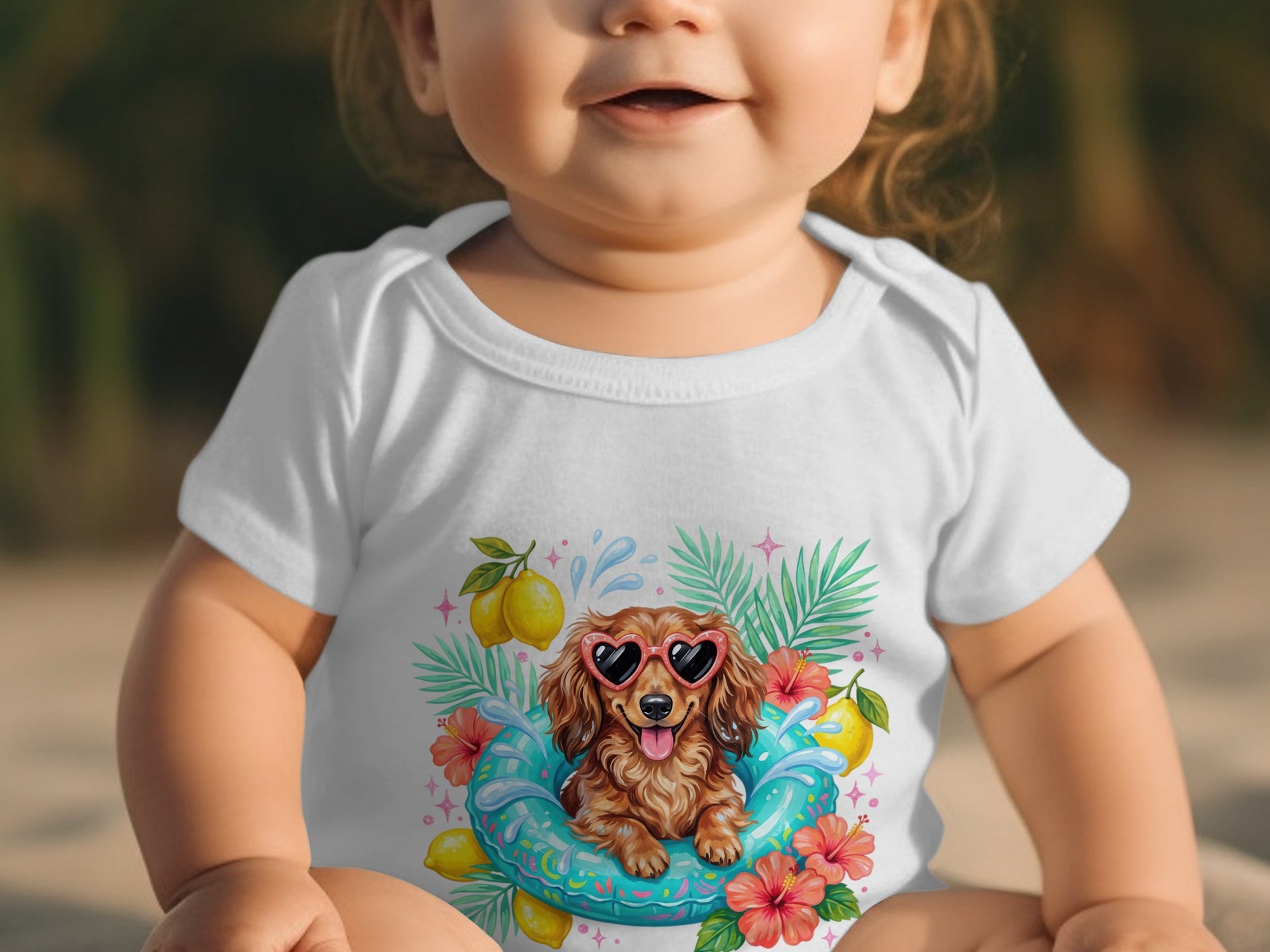 Baby in white onesie with a dachshund wearing heart sunglasses on a float.