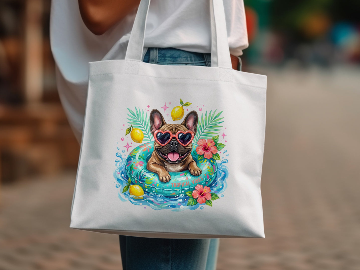 French bulldog in sunglasses on inflatable ring with lemons and flowers.