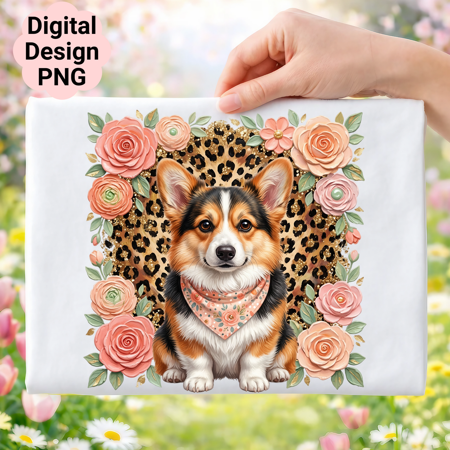 Corgi dog surrounded by flowers and leopard print.