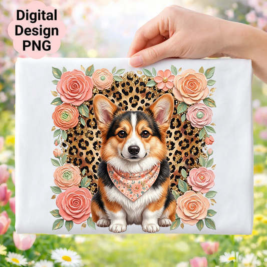 Corgi dog surrounded by flowers and leopard print.