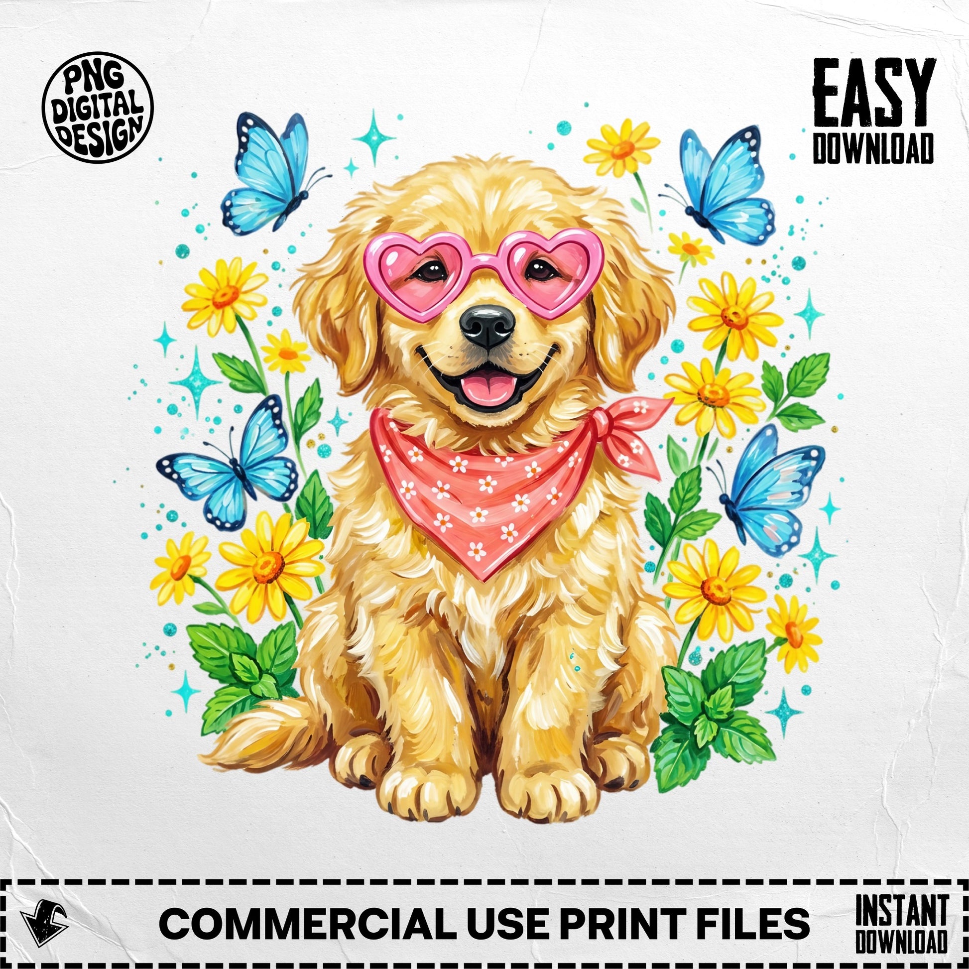 Golden retriever puppy wearing pink heart sunglasses and a bandana, surrounded by flowers and butterflies.