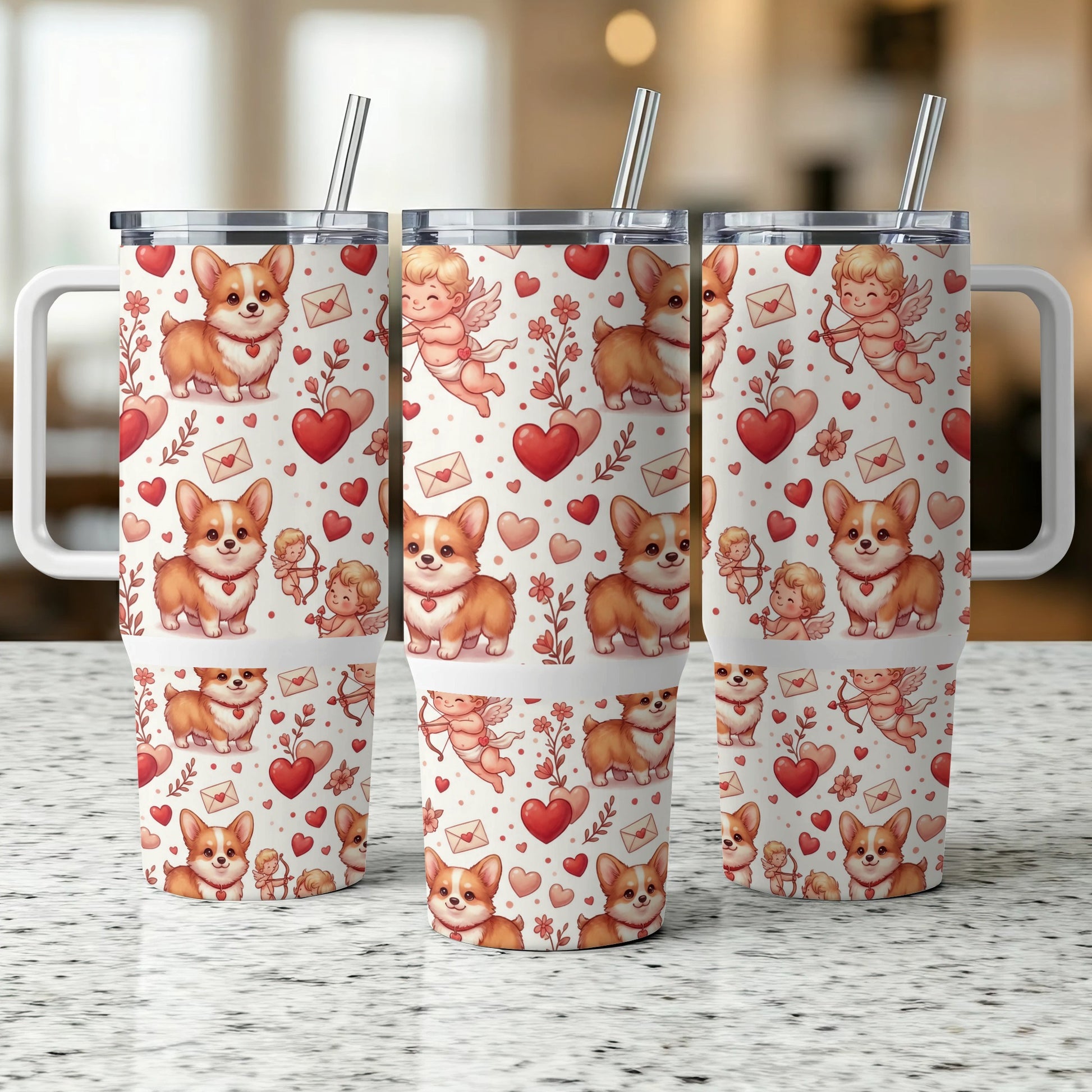 Three Valentine's Day themed tumblers with corgis, cupid, and hearts.