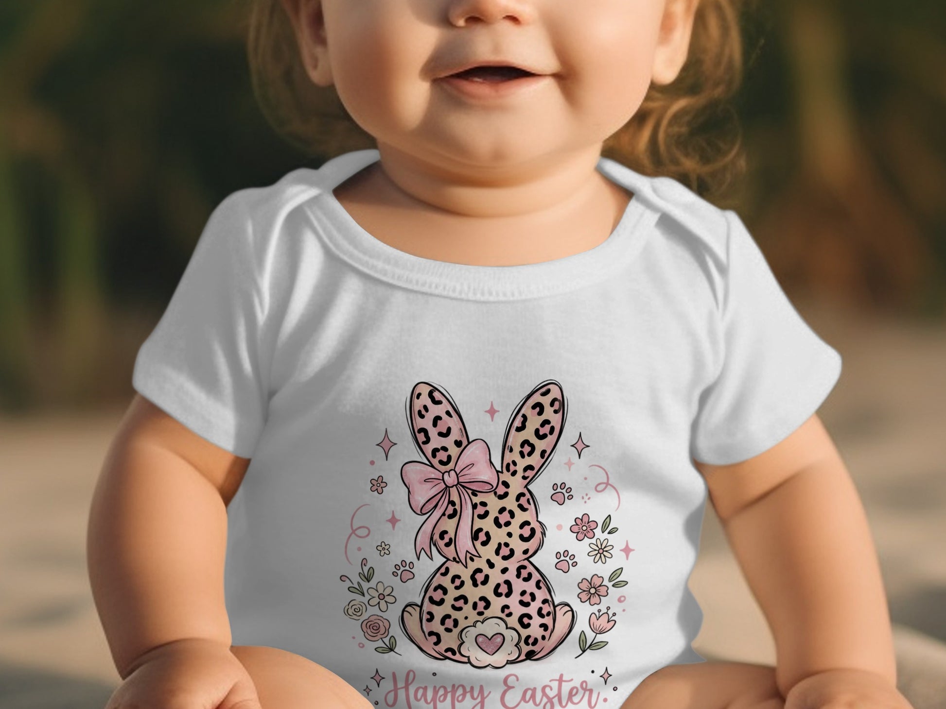 Baby in a white bodysuit with a pink leopard print Easter bunny graphic.