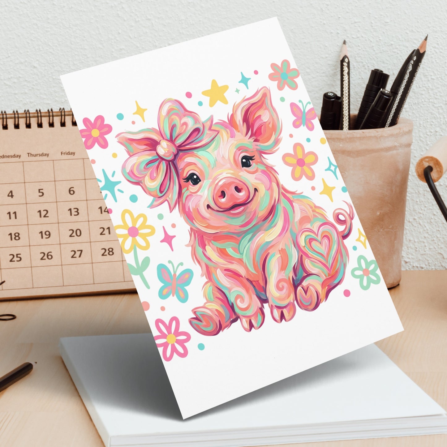 Whimsical pig with colorful bow and floral accents on a card.