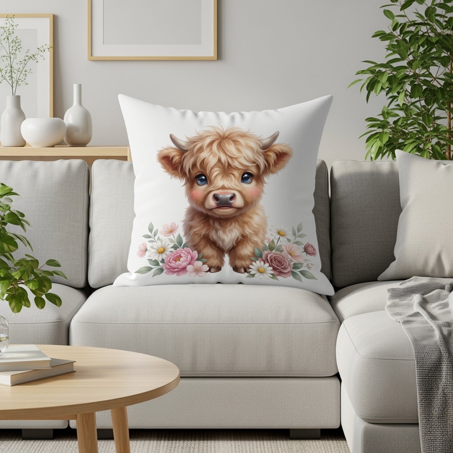 Cute baby highland cow illustration on a white throw pillow with floral accents.