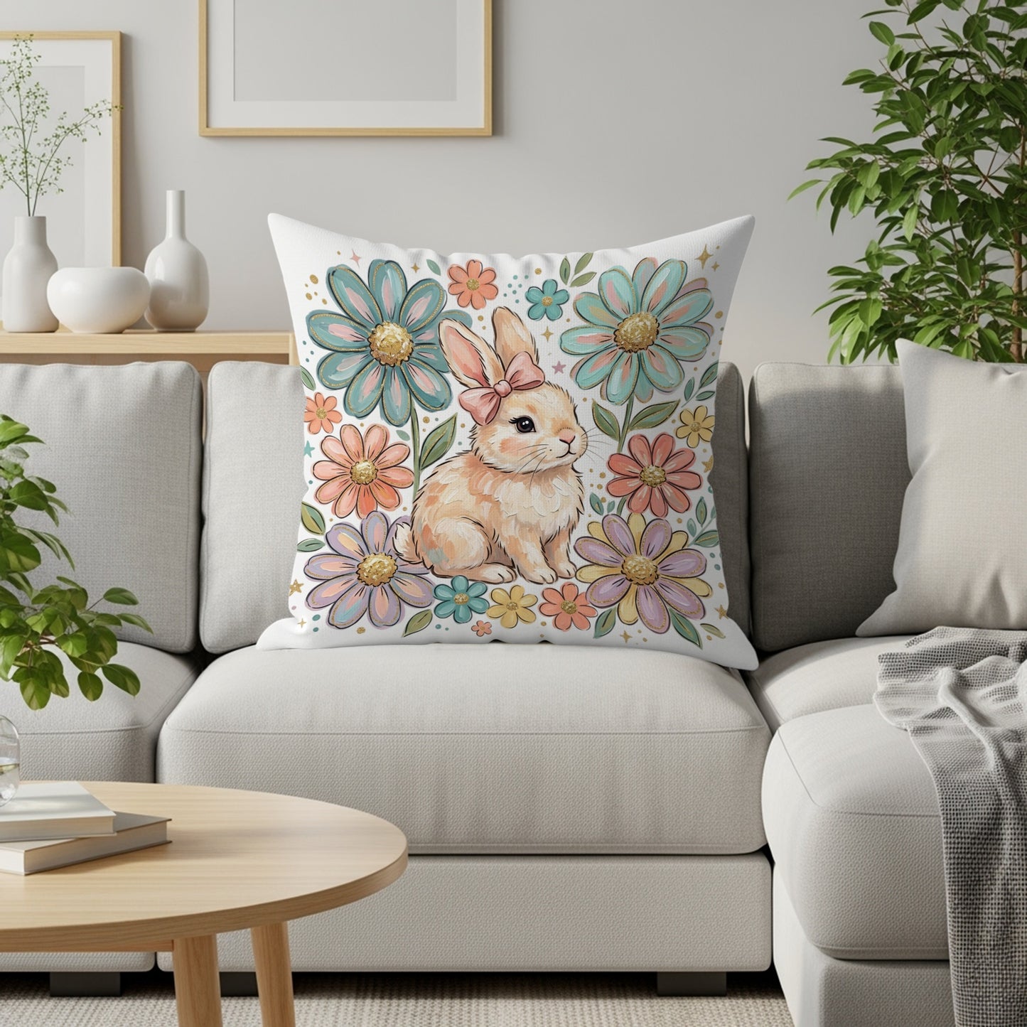 Fluffy bunny in pastel floral pattern on decorative pillow.