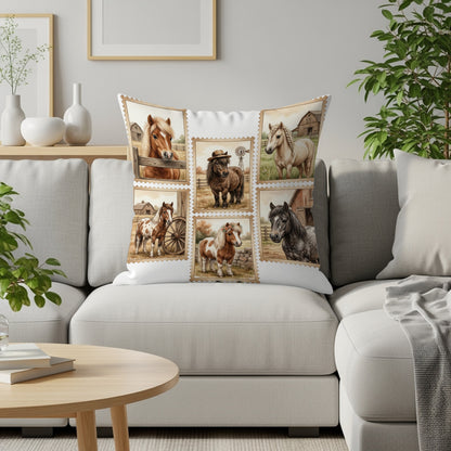 Pillow with six framed illustrations of horses and farm scenes.