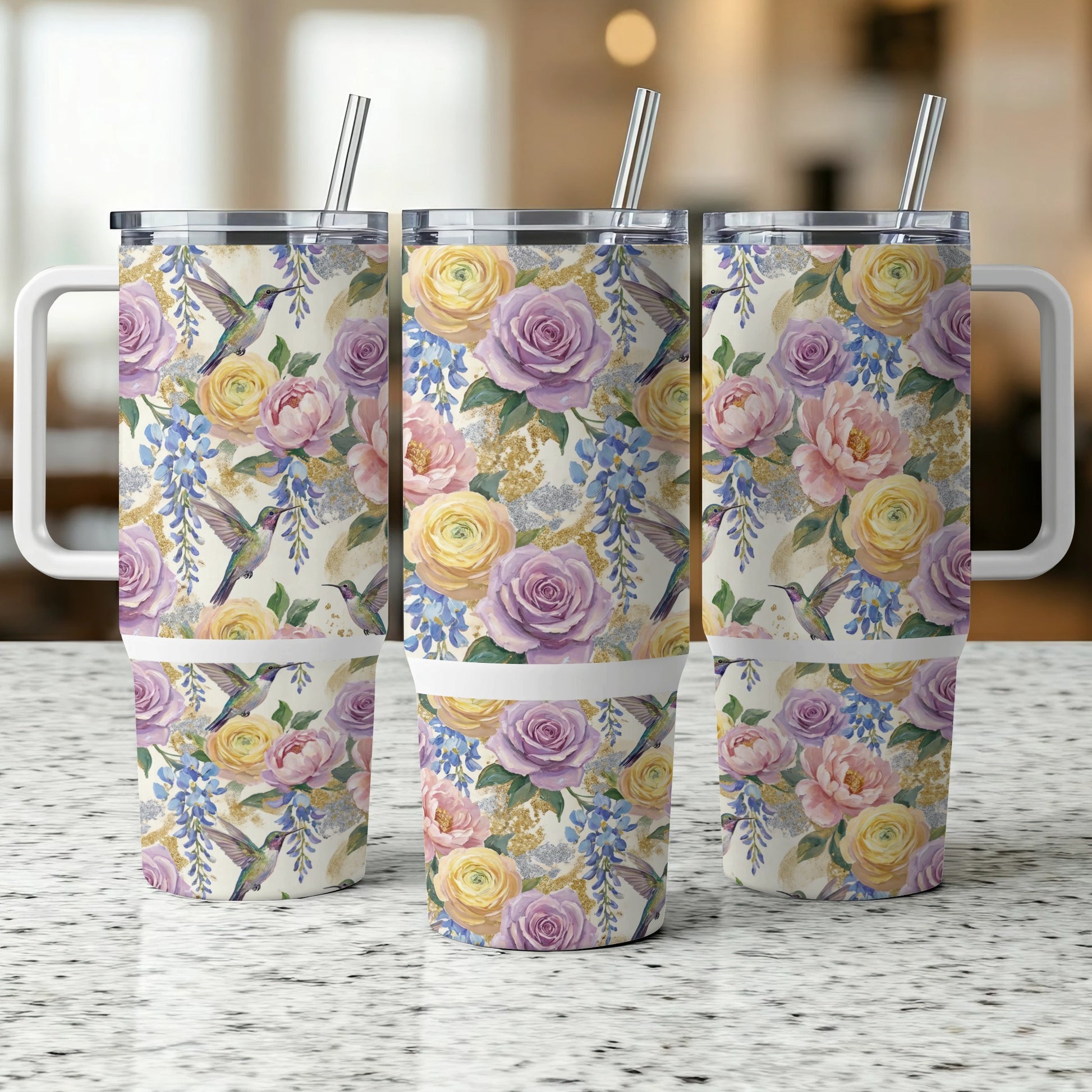 Three tumblers with hummingbirds, roses, and wisteria floral pattern.
