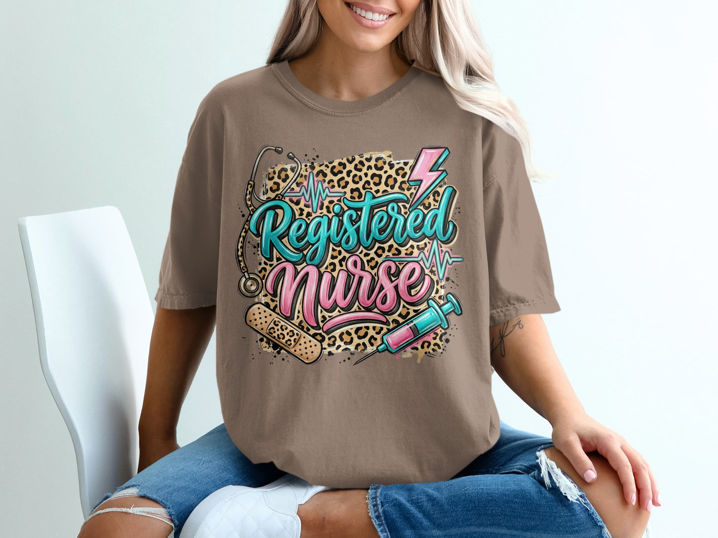 Brown t-shirt with "Registered Nurse" text, stethoscope, and syringe graphic.