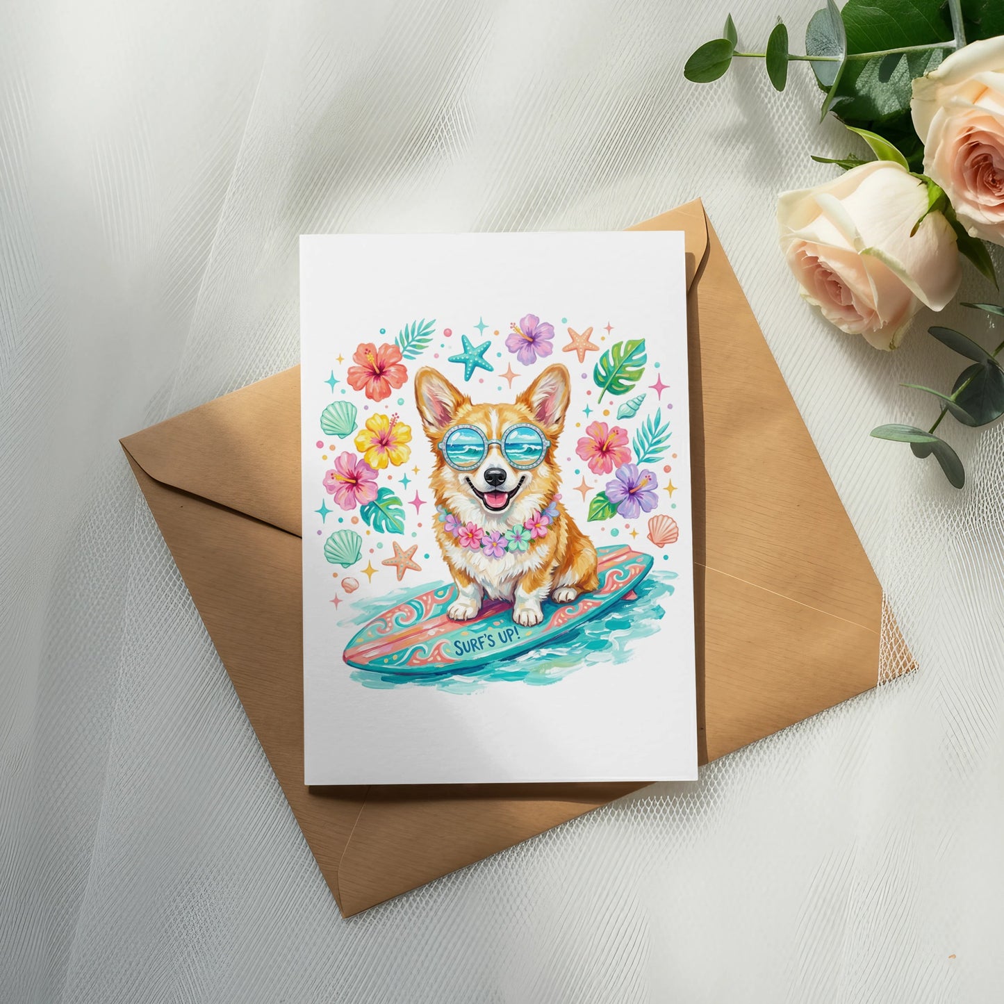 Corgi wearing sunglasses and lei rides a surfboard, surrounded by flowers and stars.