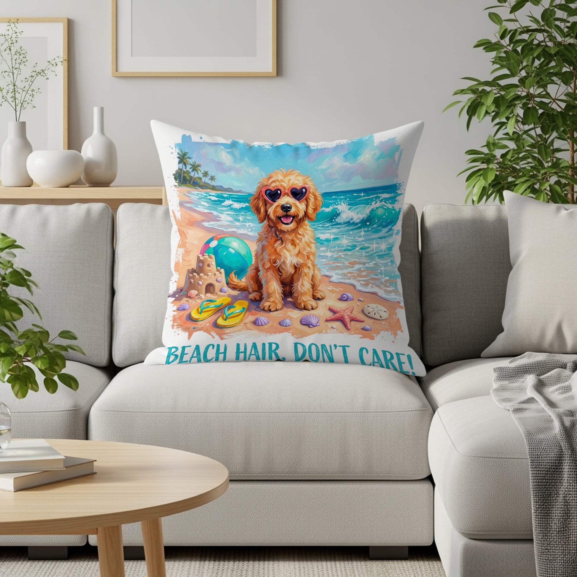 Dog in heart sunglasses on beach with "Beach Hair, Don't Care!" text.