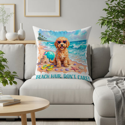 Dog in heart sunglasses on beach with "Beach Hair, Don't Care!" text.