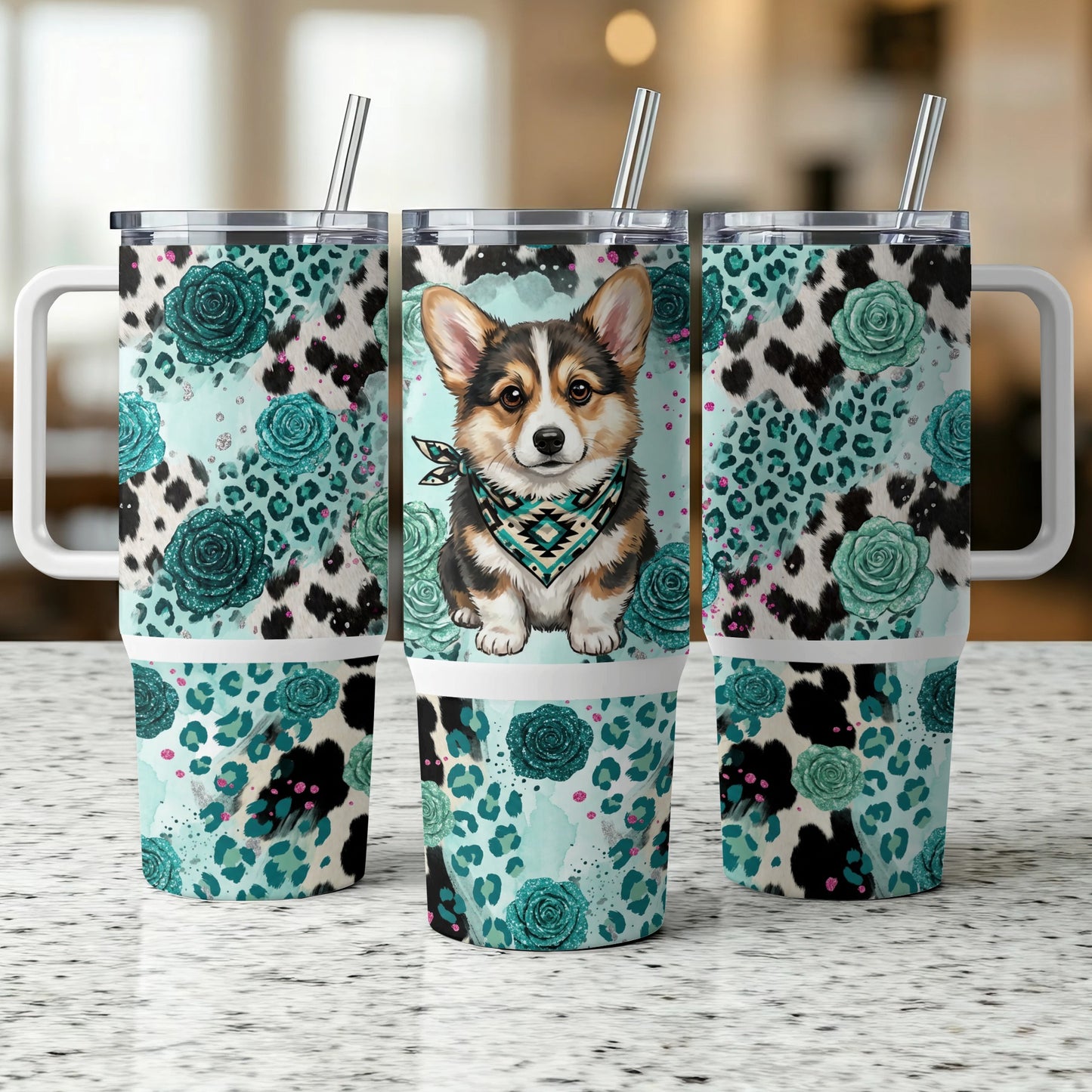 Corgi with bandana on tumbler with floral and leopard print.