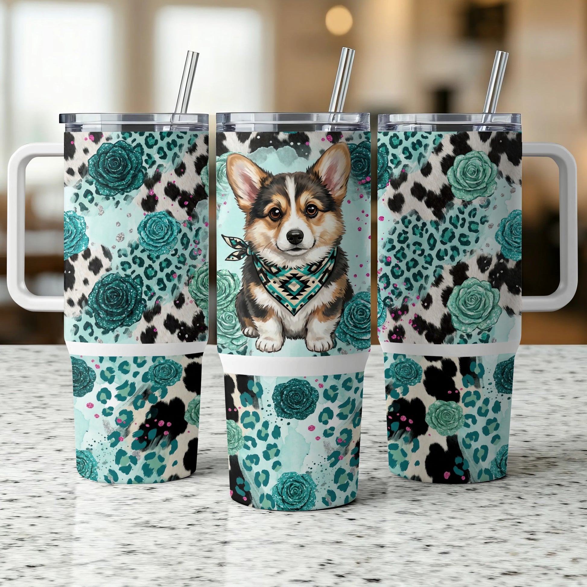 Corgi with bandana on tumbler with floral and leopard print.