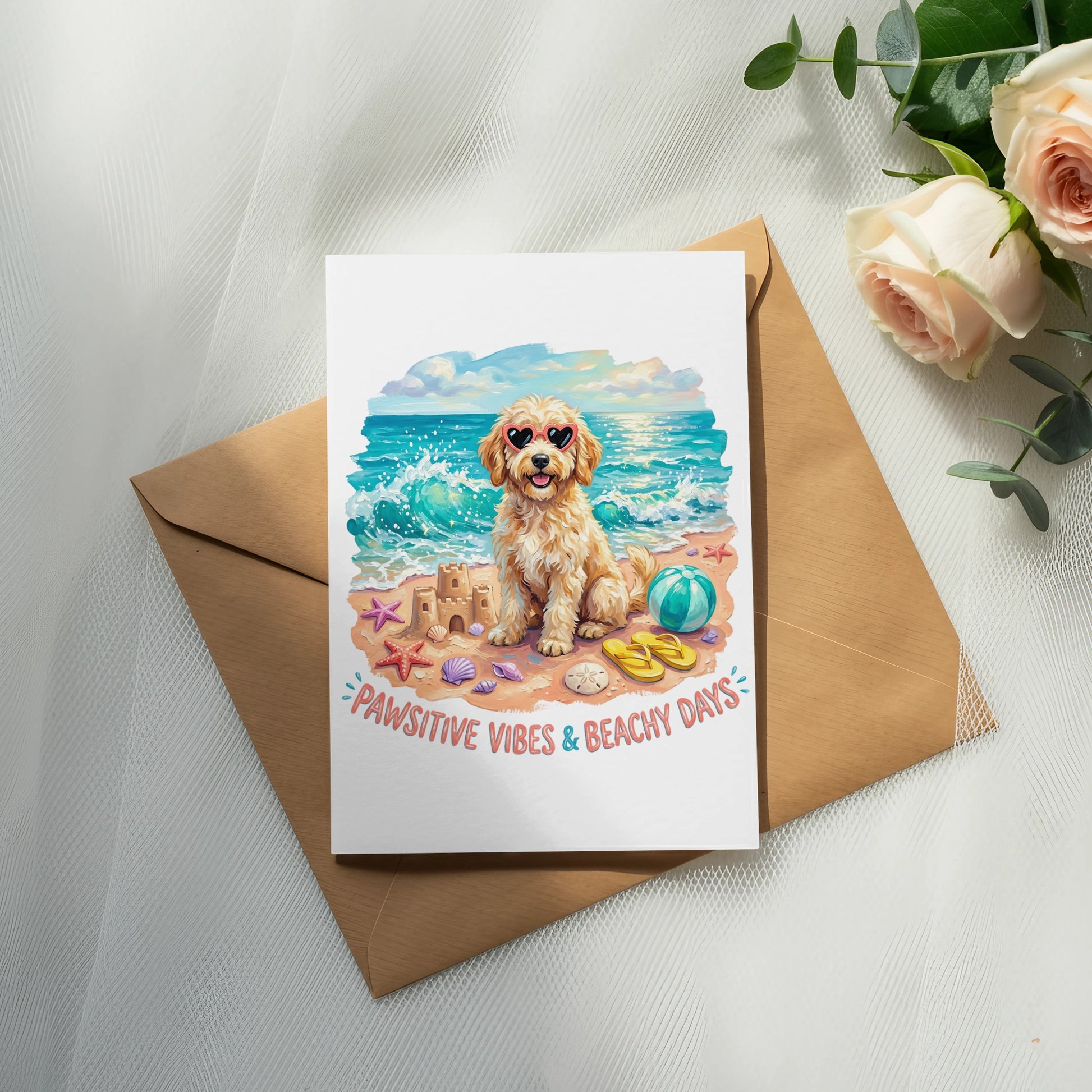 Dog wearing heart sunglasses on a beach with sandcastle and text.
