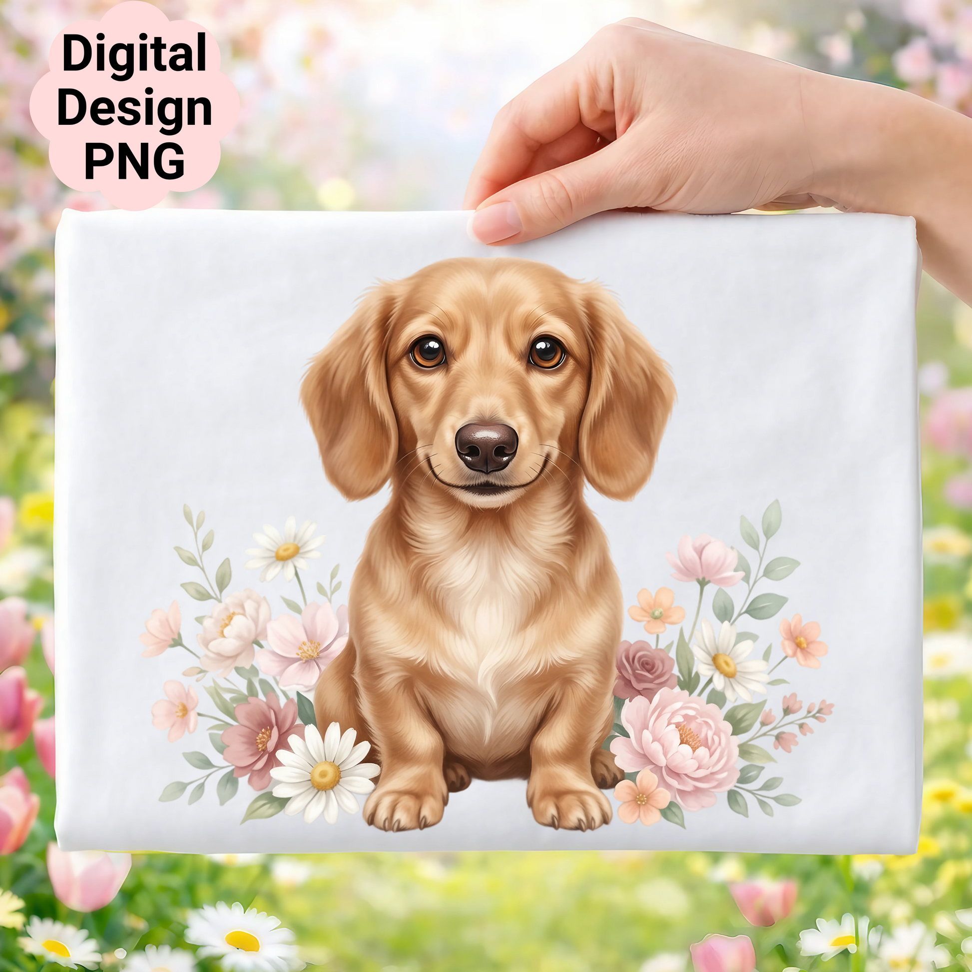 Dachshund puppy with flowers on a light background.