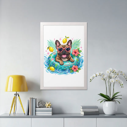 French bulldog wearing heart sunglasses floats in inner tube with lemons and flowers.