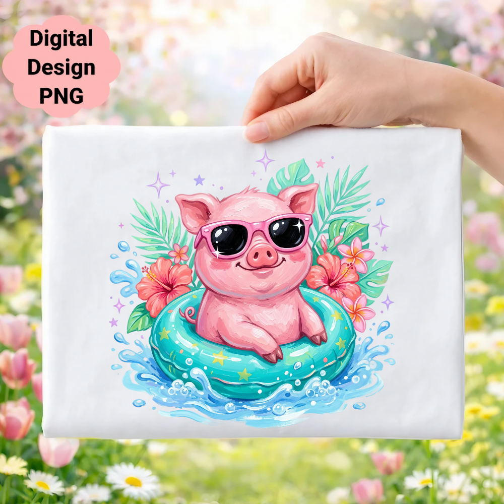 Happy pig in sunglasses floats on inner tube with hibiscus flowers.
