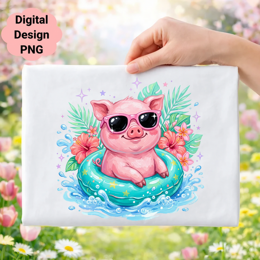 Happy pig in sunglasses floats on inner tube with hibiscus flowers.