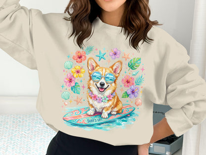 Corgi wearing sunglasses on a surfboard surrounded by tropical flowers.