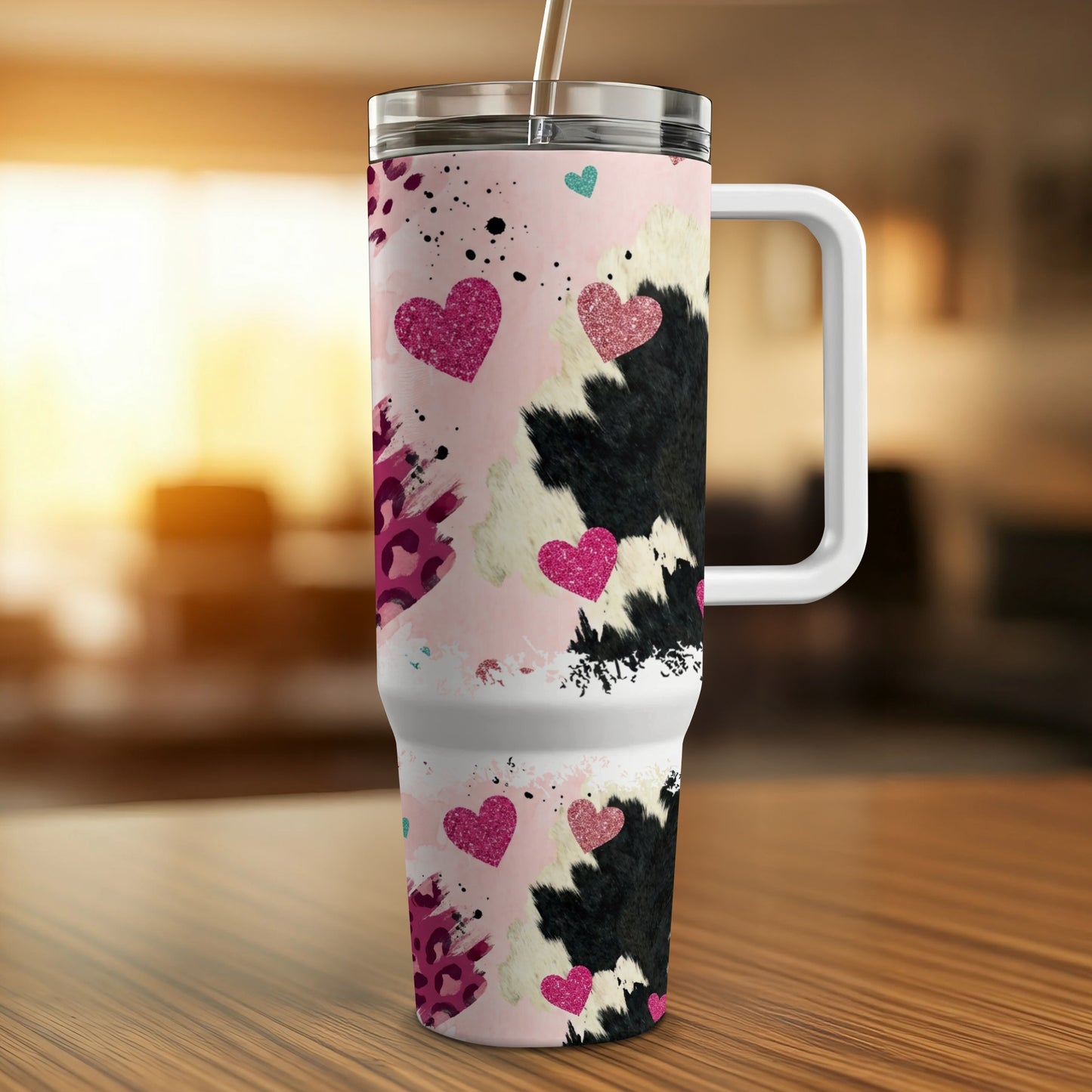 Pink tumbler with black cow print, hearts, and glitter accents.