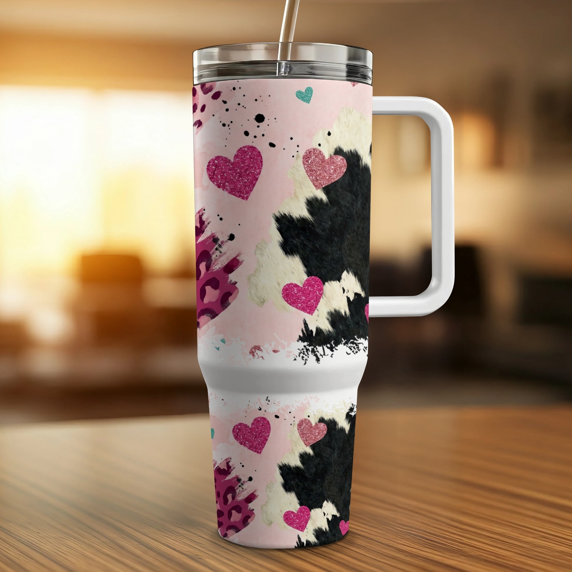 Pink tumbler with black cow print, hearts, and glitter accents.