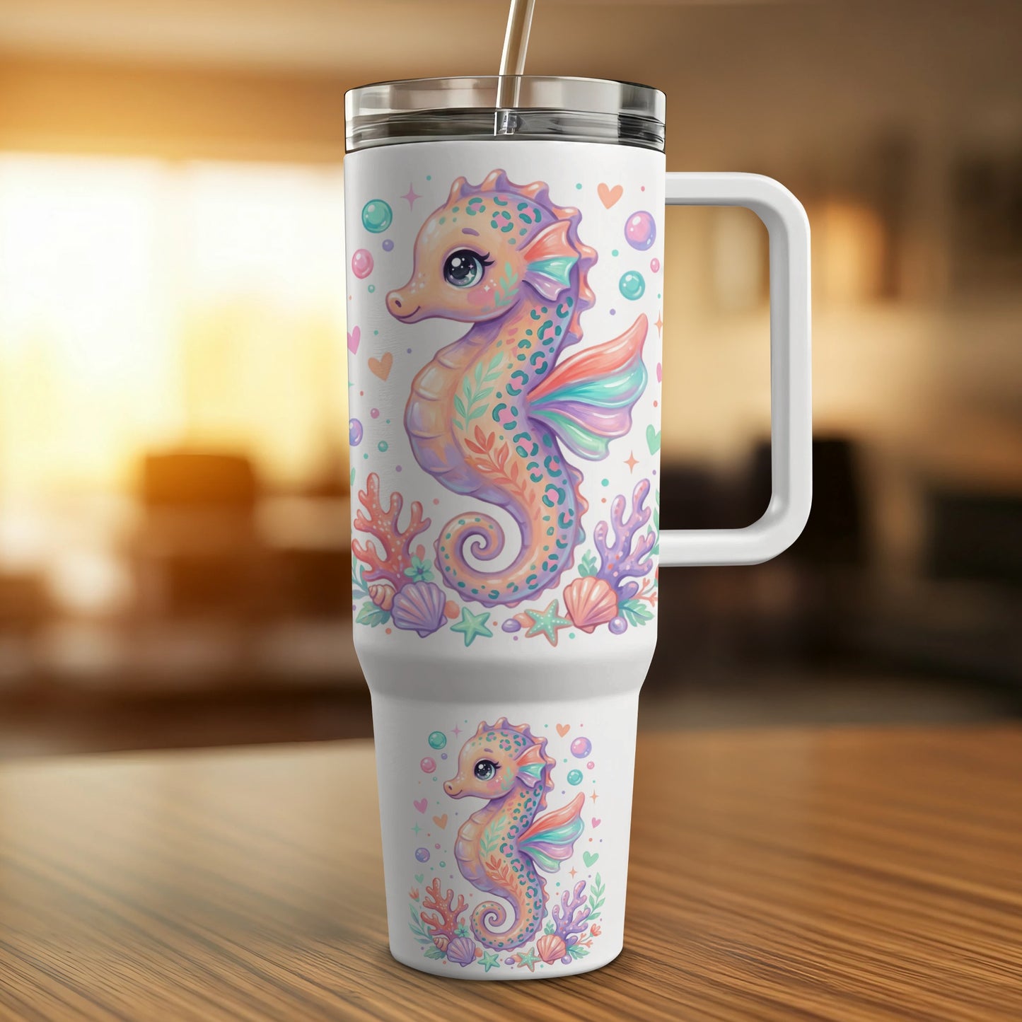 White tumbler with colorful seahorse and coral design.