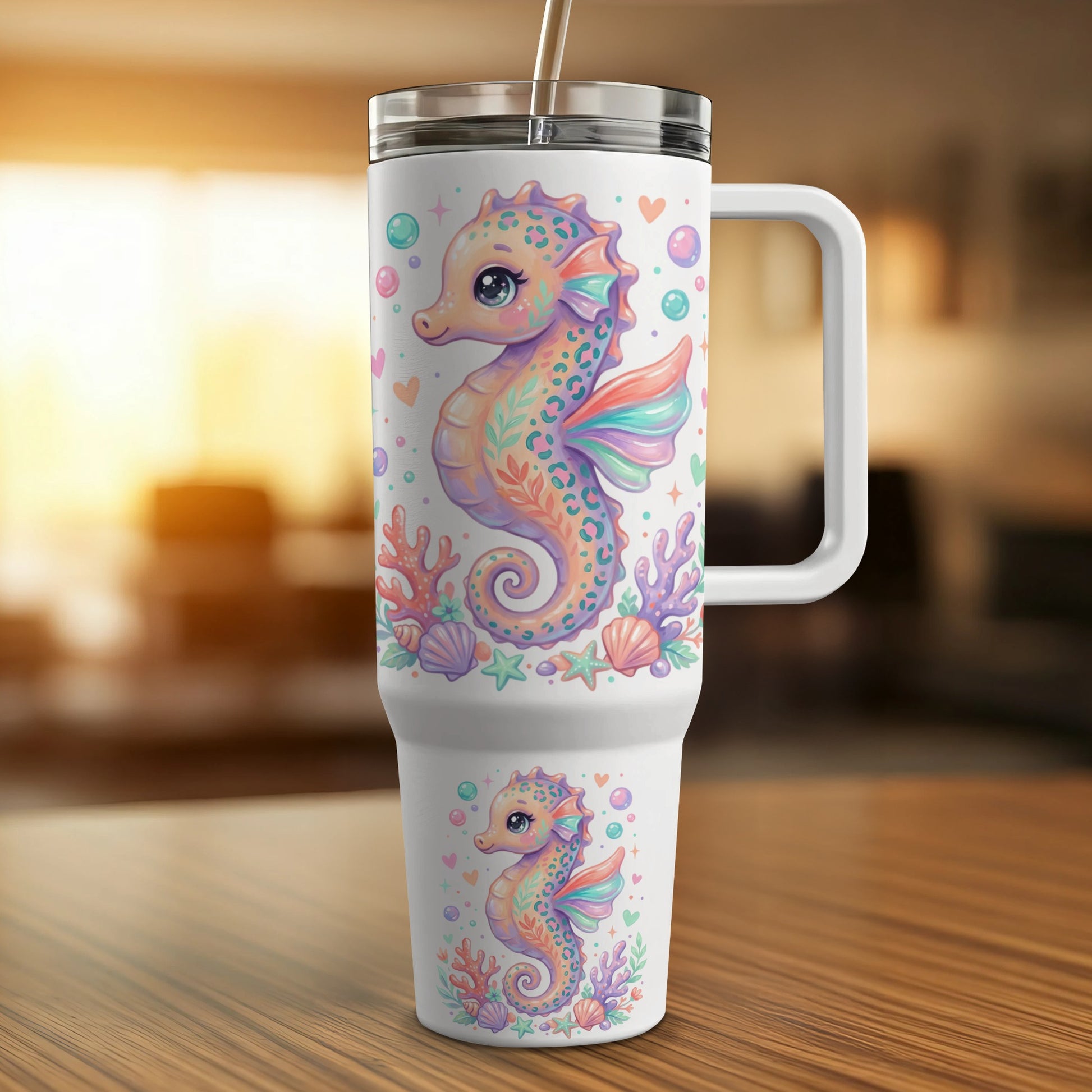 White tumbler with colorful seahorse and coral design.