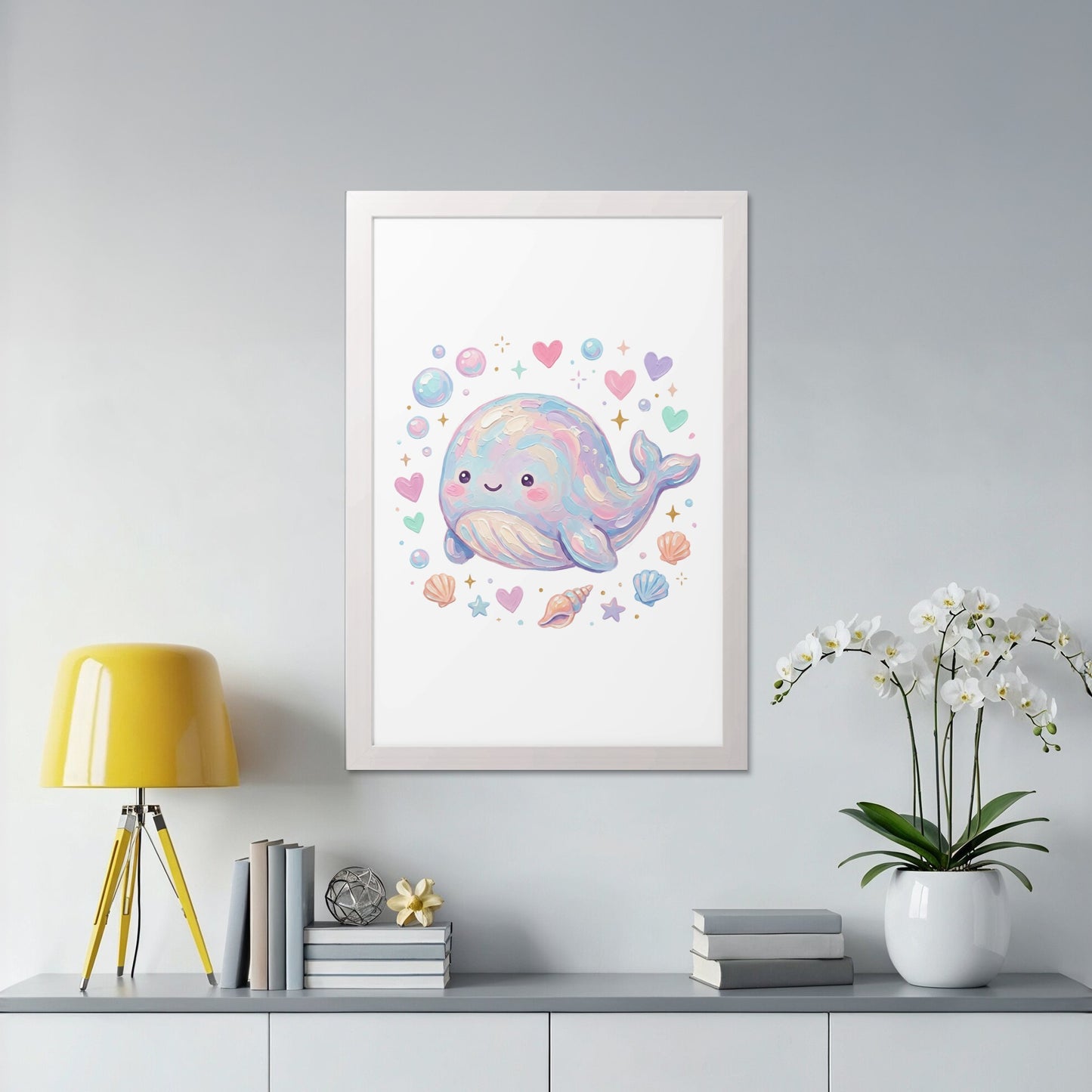 Cute watercolor whale with hearts, stars, and shells, in a white frame.