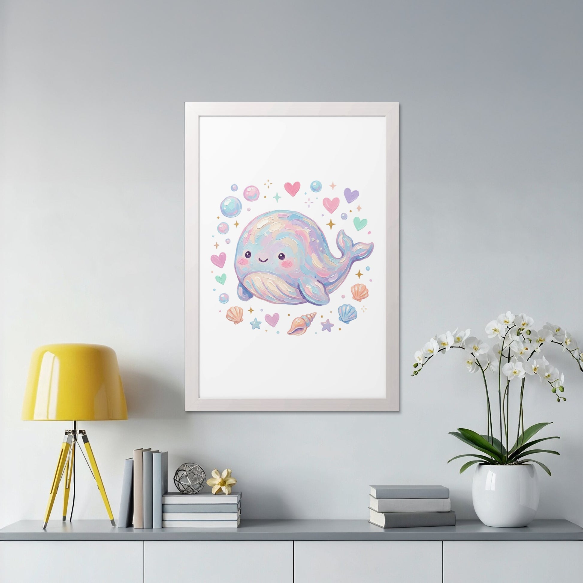Cute watercolor whale with hearts, stars, and shells, in a white frame.