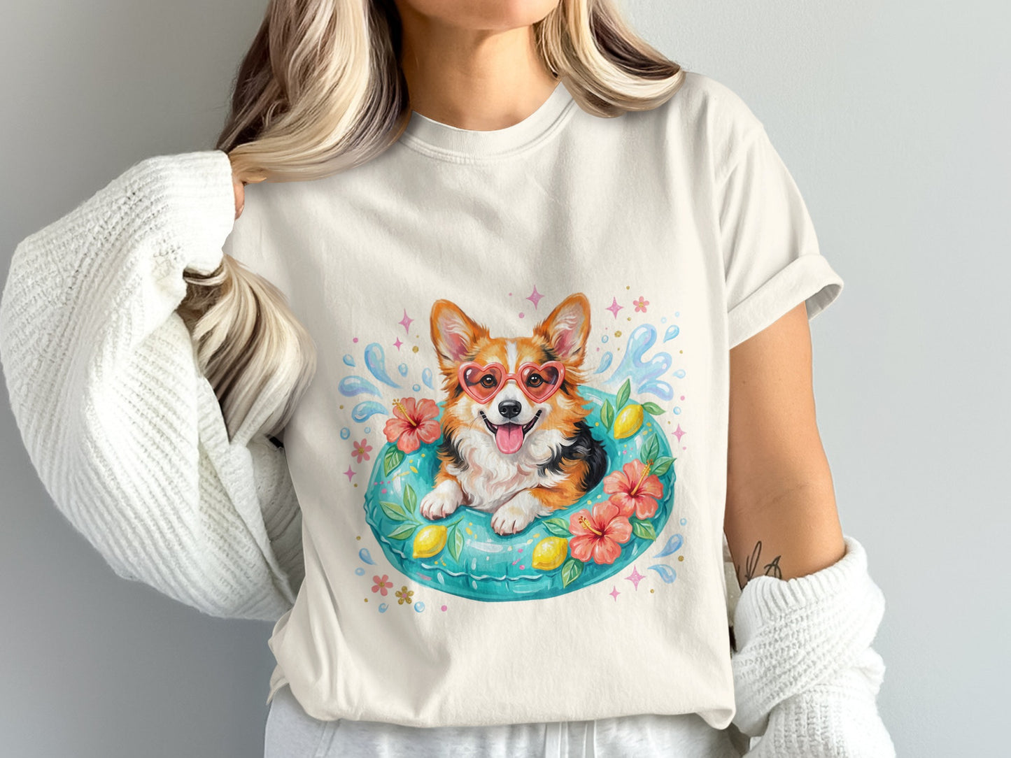 Corgi wearing heart sunglasses in a float, surrounded by flowers.