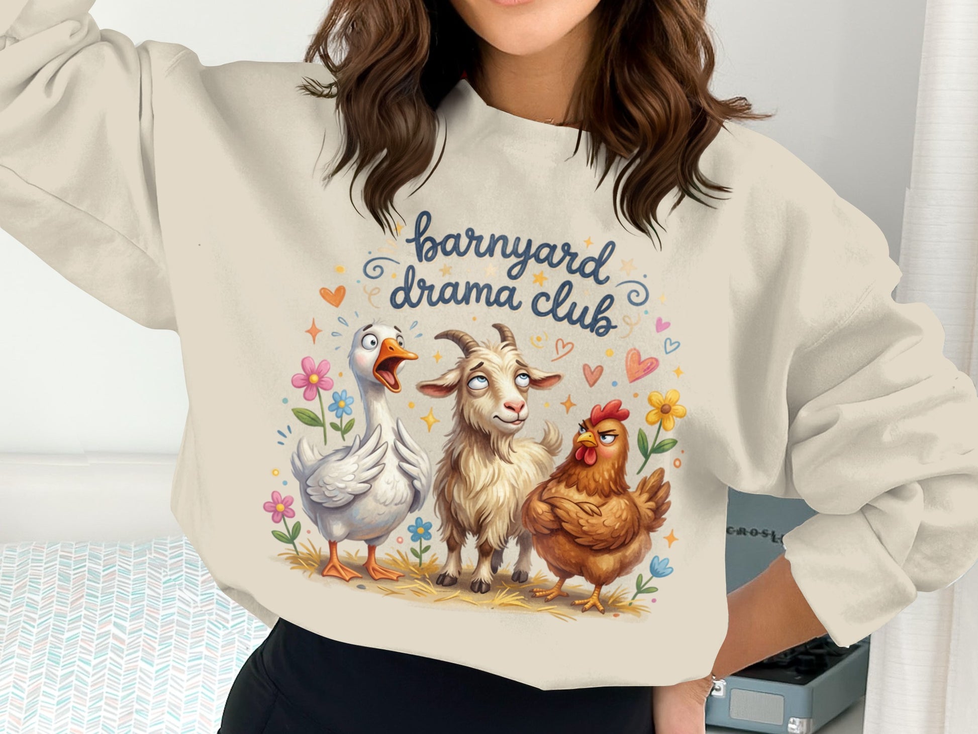 Sweatshirt with "Barnyard Drama Club" text and cartoon goat, chicken, and goose.