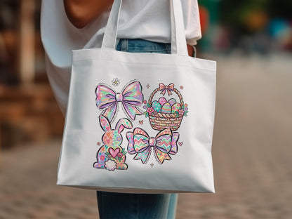Easter tote bag with bunny, basket of eggs, and colorful bows.