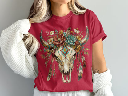 Red t-shirt with a decorative bull skull and floral design.