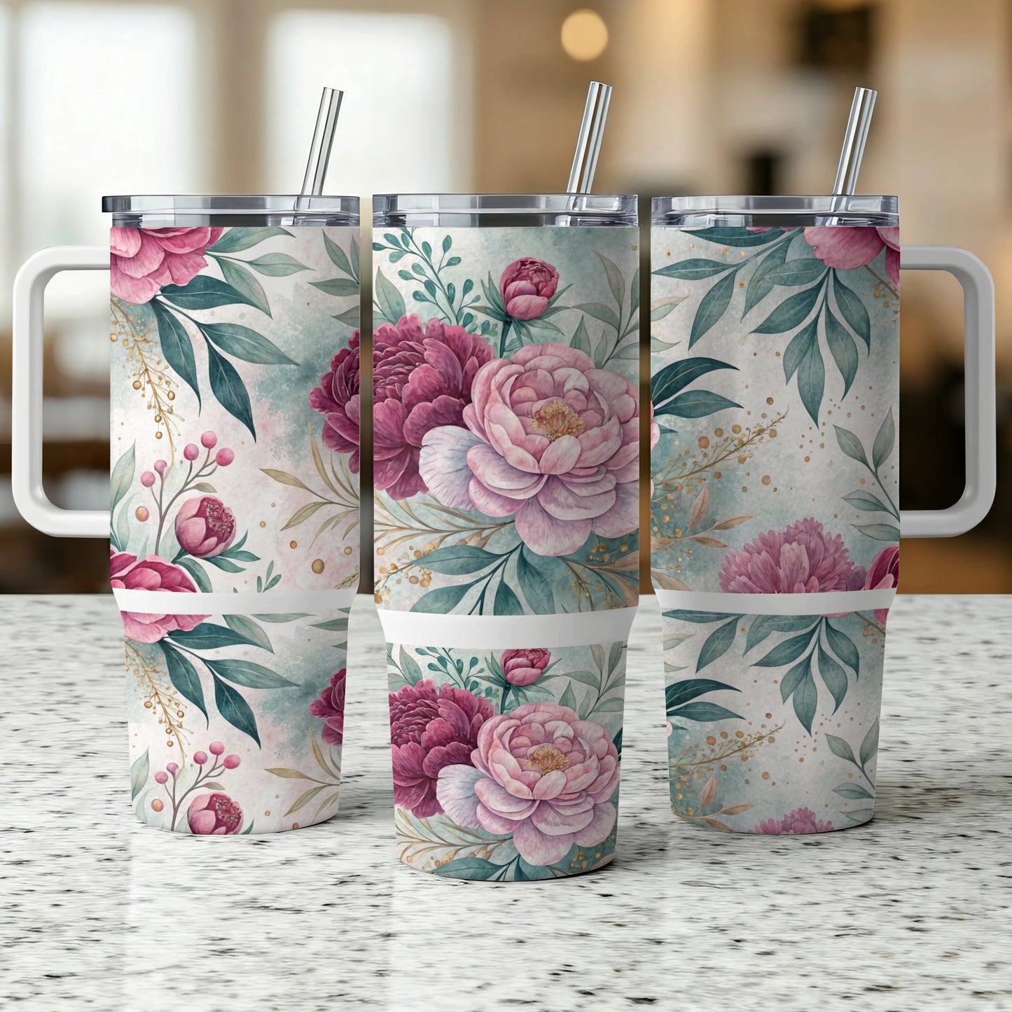 Three tumblers with a floral watercolor design of pink peonies and green leaves.