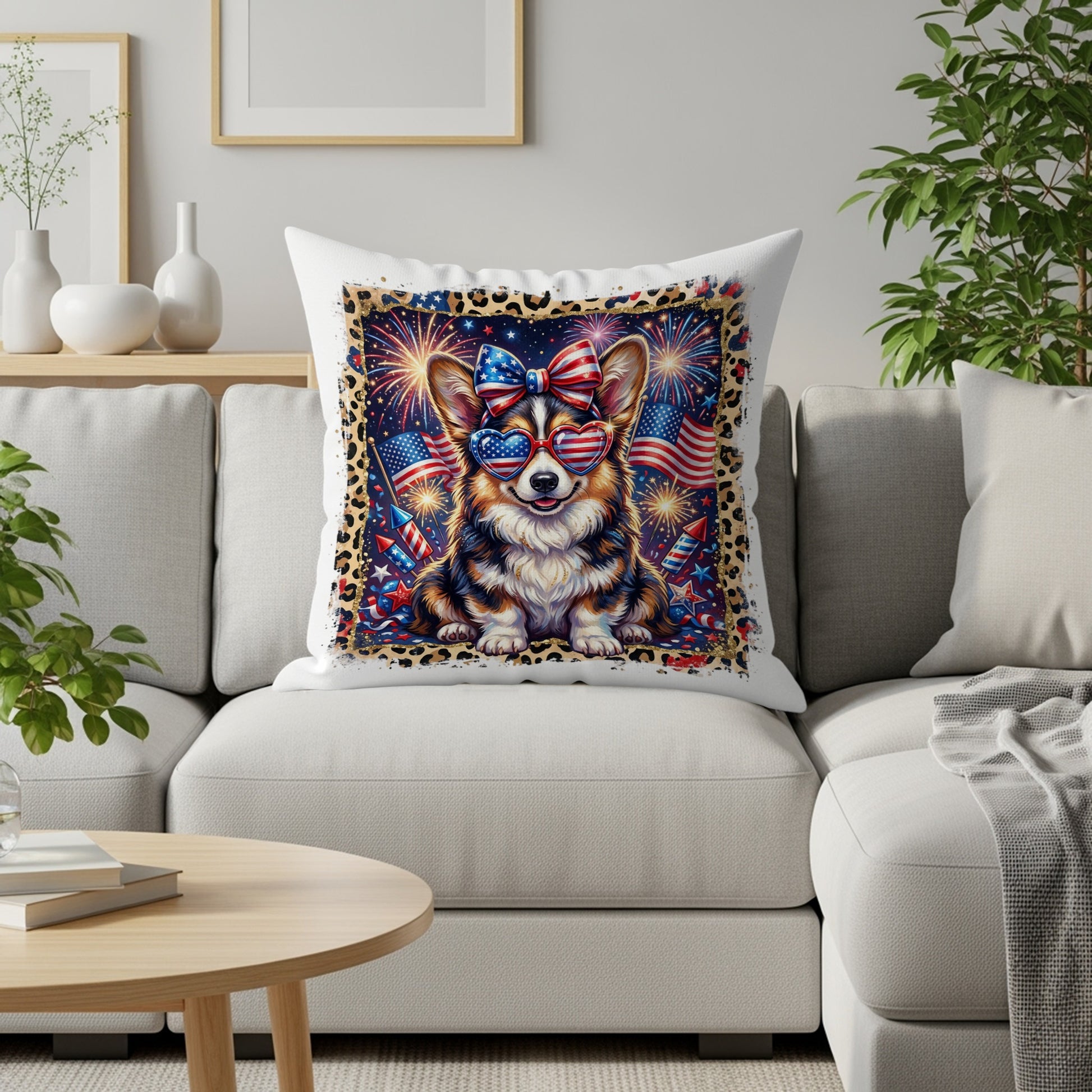 Corgi wearing sunglasses and a patriotic bow on a pillow with fireworks.
