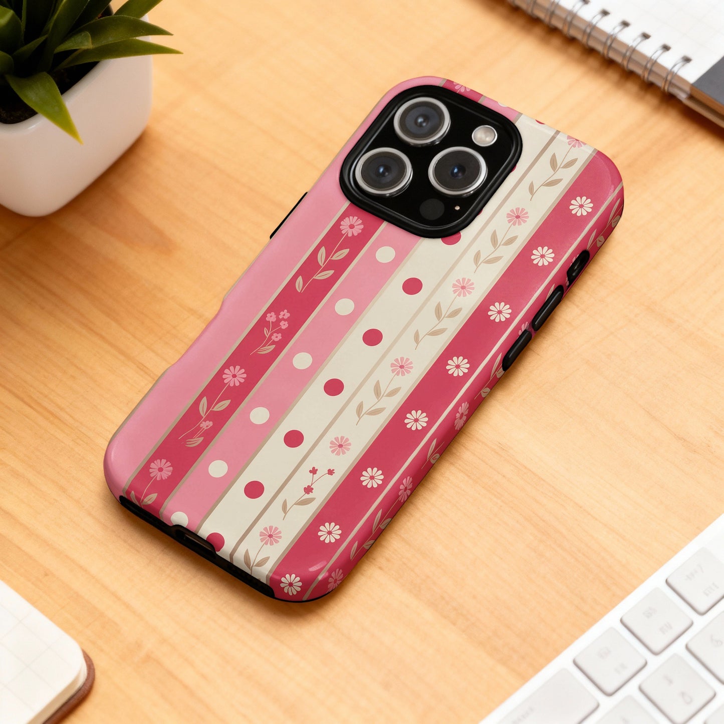 Pink floral stripe pattern iPhone 14 Pro case.