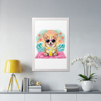 Corgi wearing sunglasses drinks from a cocktail on a towel.