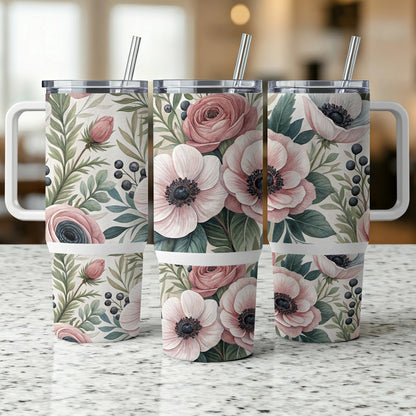 Three tumblers with a floral and berry pattern featuring pink anemone flowers.