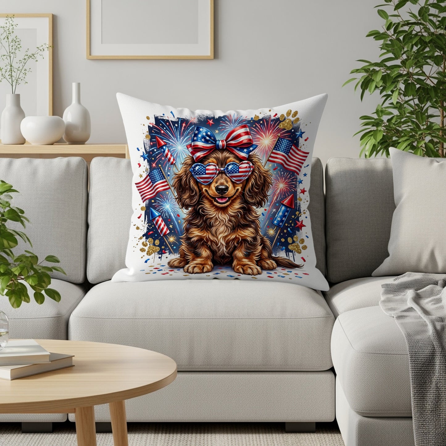 Dachshund wearing sunglasses and patriotic headband on couch with fireworks.