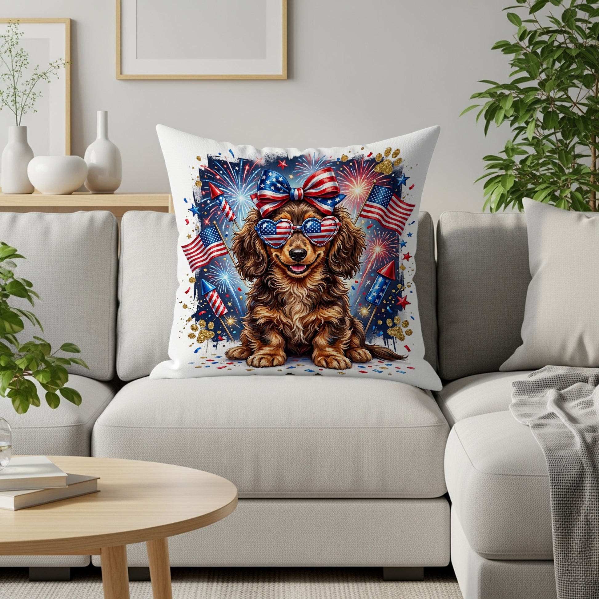 Dachshund wearing sunglasses and patriotic headband on couch with fireworks.