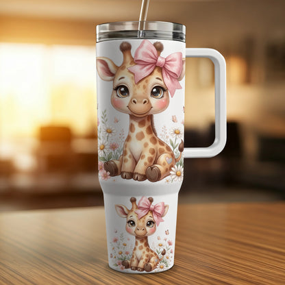 Two insulated tumblers featuring cartoon giraffes with pink bows, one larger than the other.