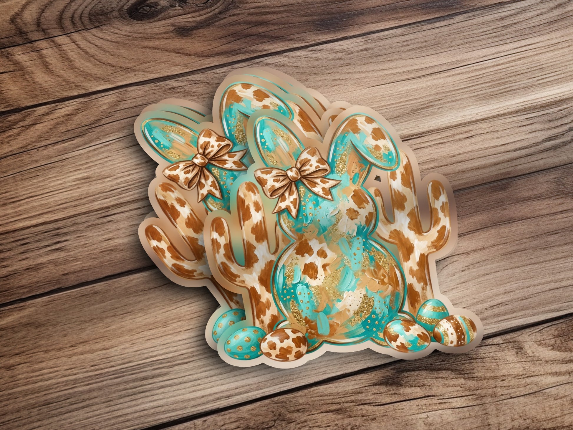 Cowboy bunny and cactus stickers with teal accents and polka dots.