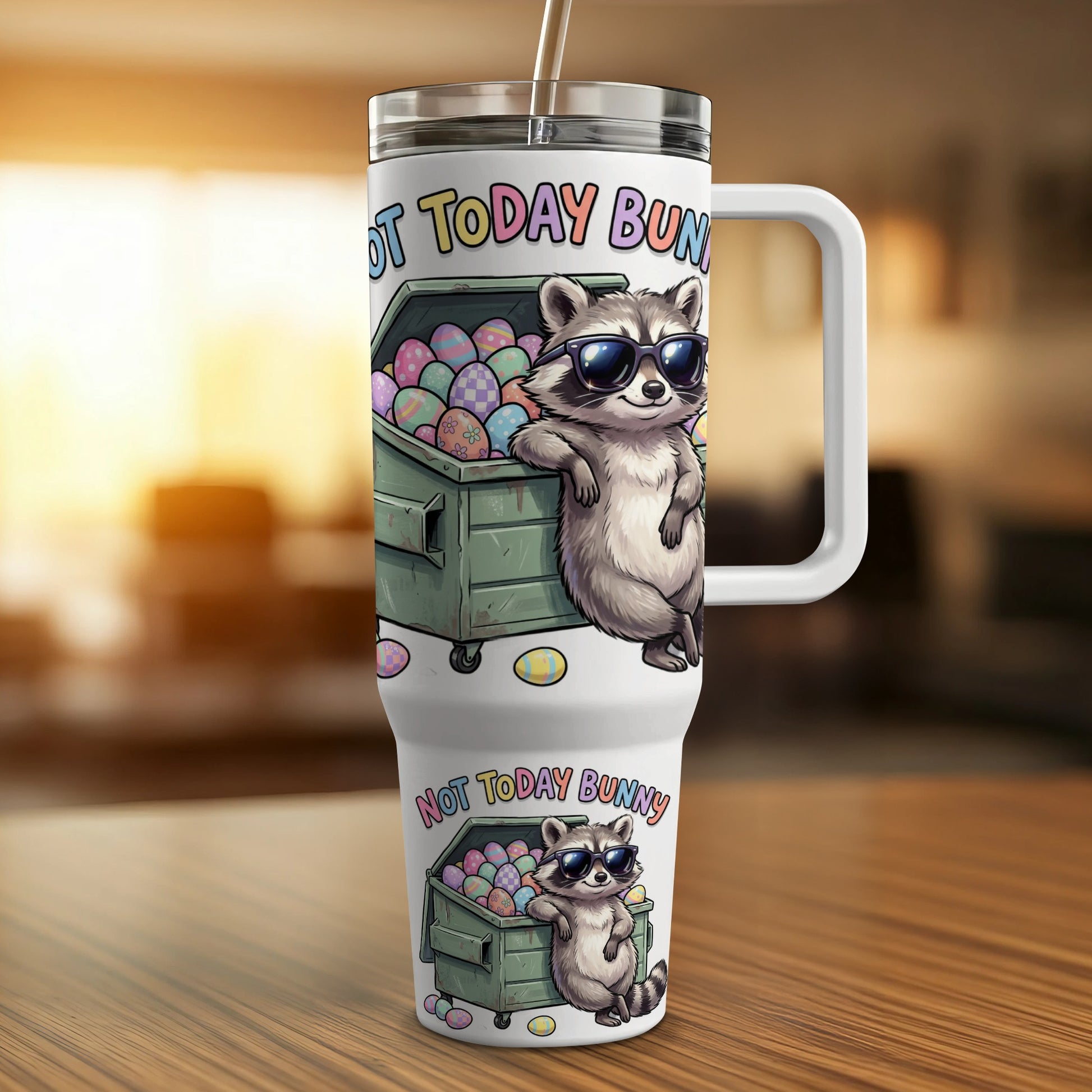 Raccoon in sunglasses and Easter eggs in a dumpster, on a tumbler.