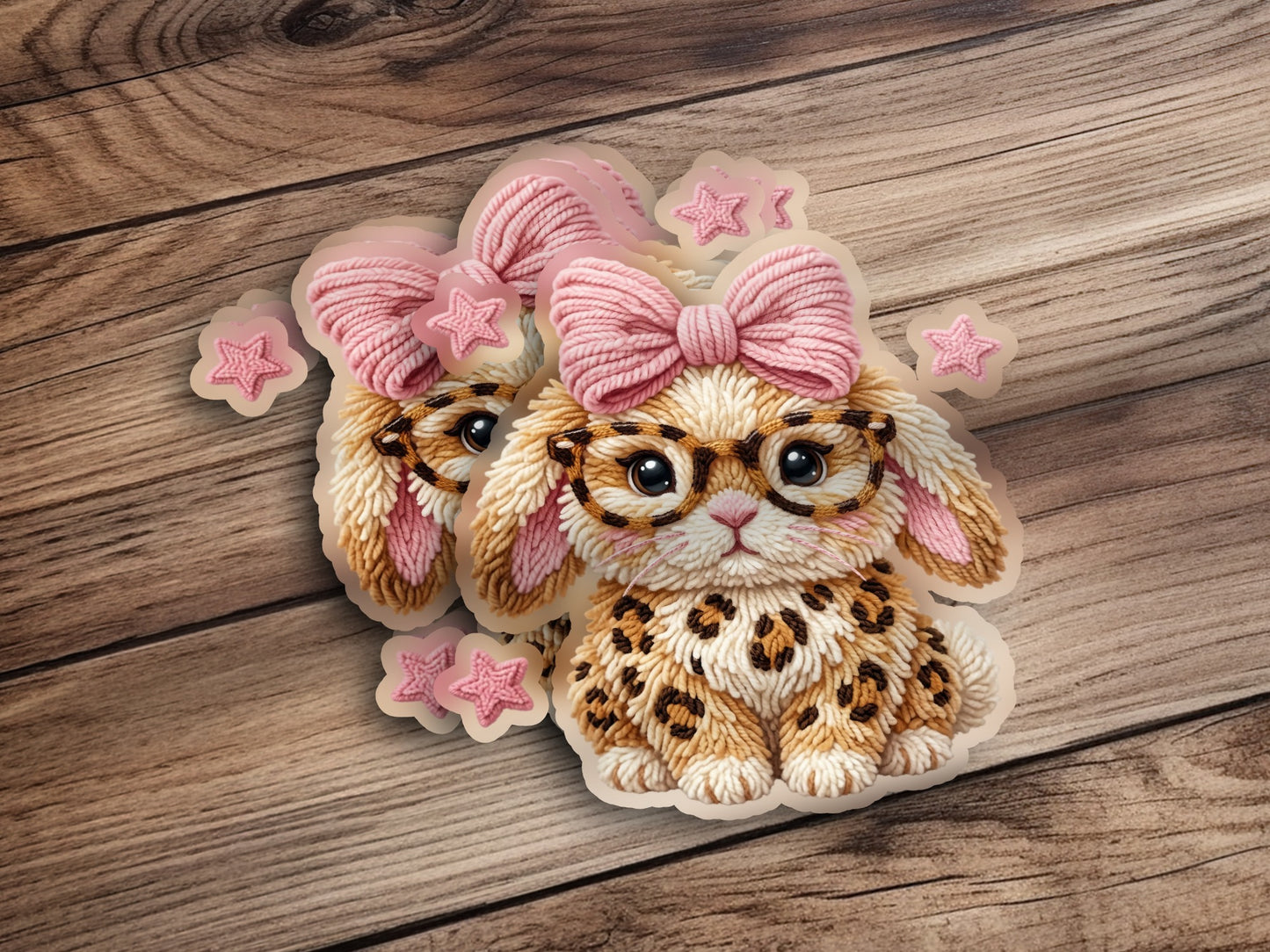 Cute bunny sticker with glasses, pink bow, and leopard print.