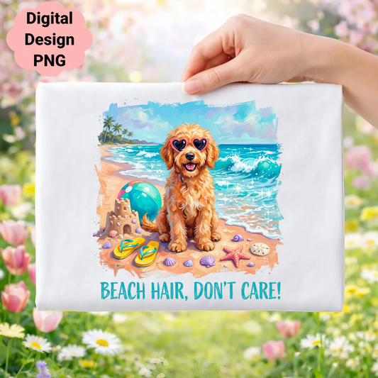 Golden doodle wearing heart sunglasses on a beach with "Beach Hair, Don't Care!" text.