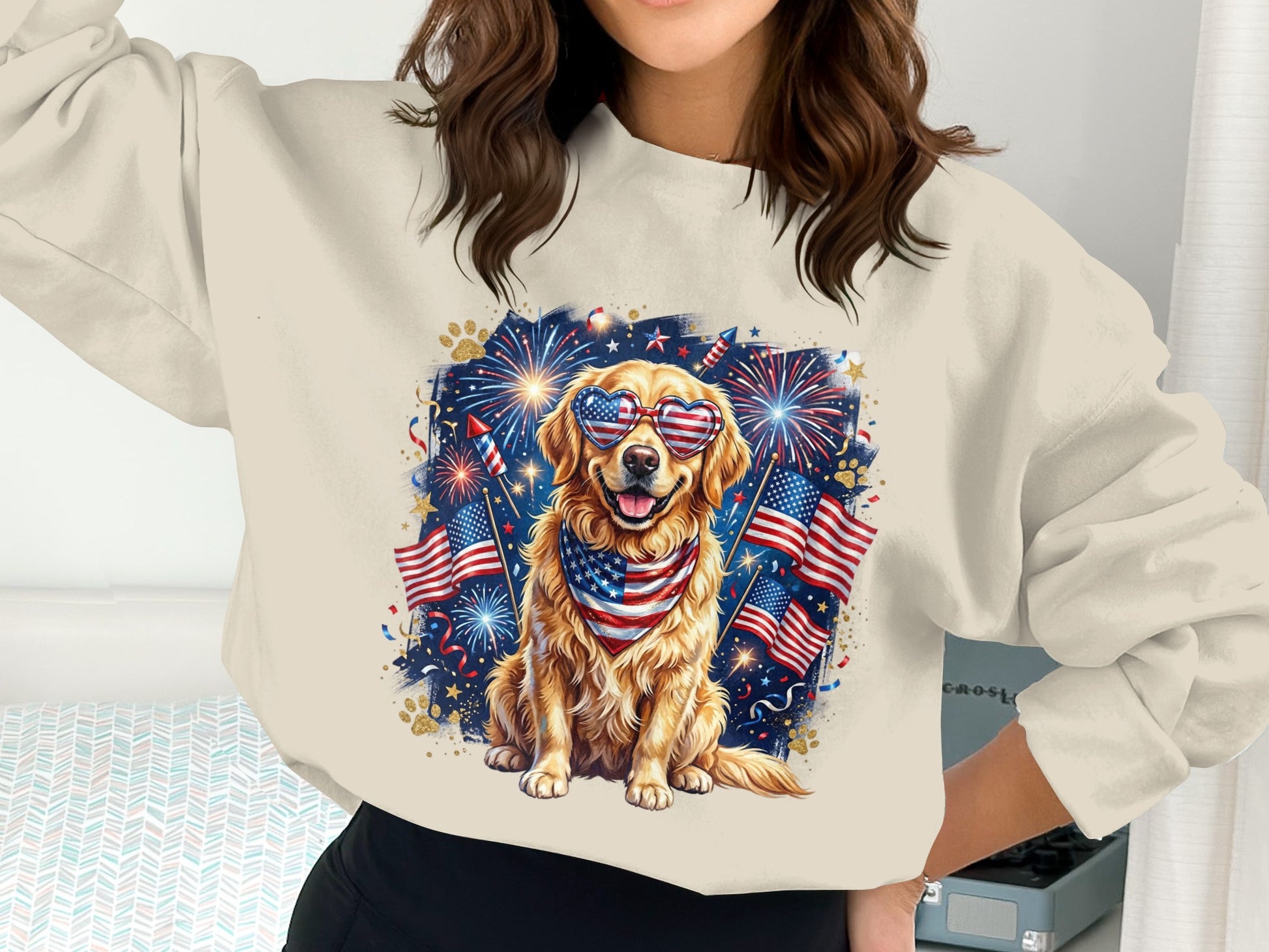 Golden retriever wearing heart-shaped sunglasses and a bandana, sitting in front of fireworks.